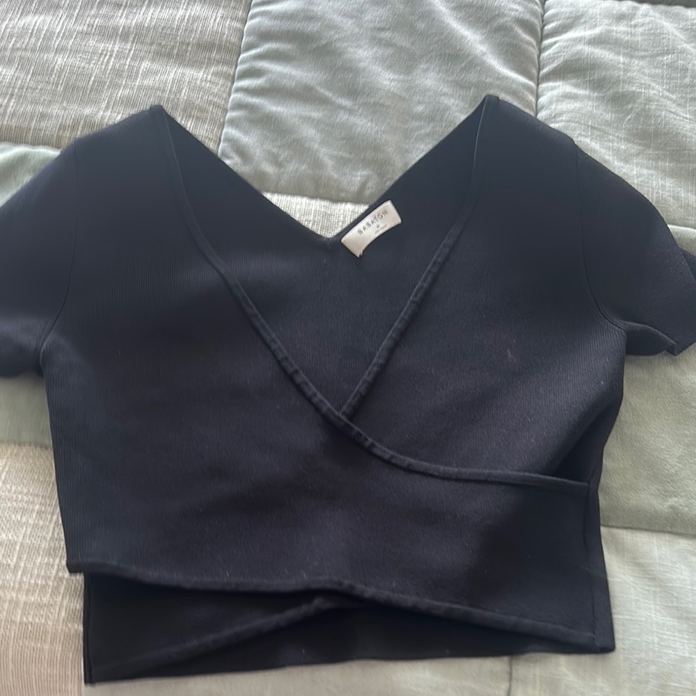 Babaton Blue and White Short Sleeve Crop Bodysuit